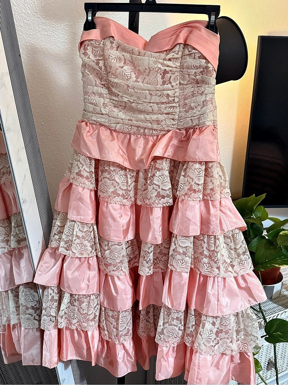 Pink & White Lace Tiered Mini Dress